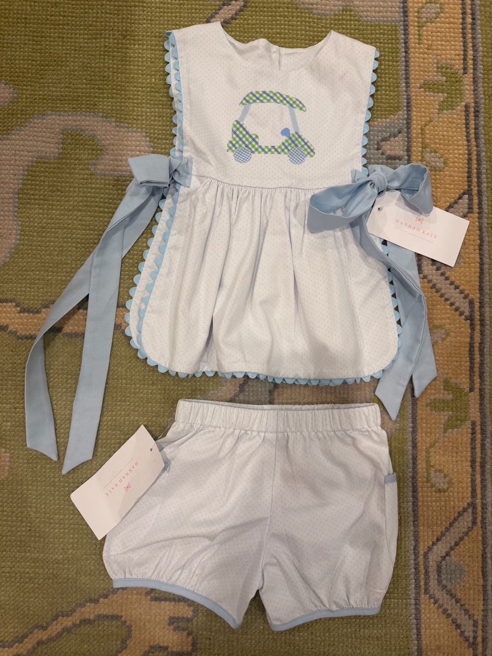 Blue Trim Smocked Baby Dress & Bloomers - Classic Kids Set
